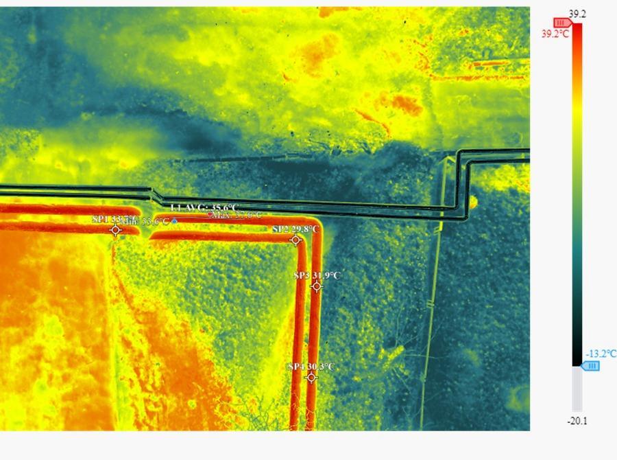 Thermal map of a buried pipe network, with temperature scale